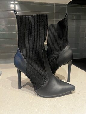 Black Ribbed Sock Ankle Boots - Women